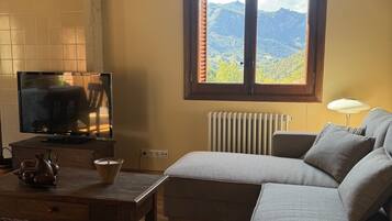 Una sala de estar con televisión, un sofá, una mesa, un ventanal y vistas a la montaña, además de un radiador.
