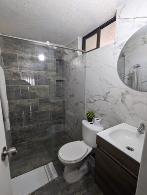A bathroom with a shower, toilet, sink, and a small potted plant. - Apartamento 3 hab. cerca al aeropuerto de Neiva · Ideal familias y grupos (Neiva)
