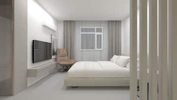 A modern bedroom with a bed, a chair, a TV, and a window with curtains.