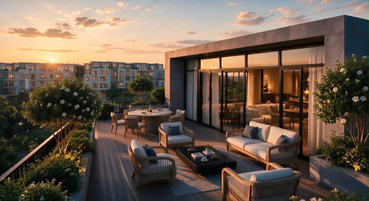 A modern outdoor living area with a dining set, sofas, and a coffee table.