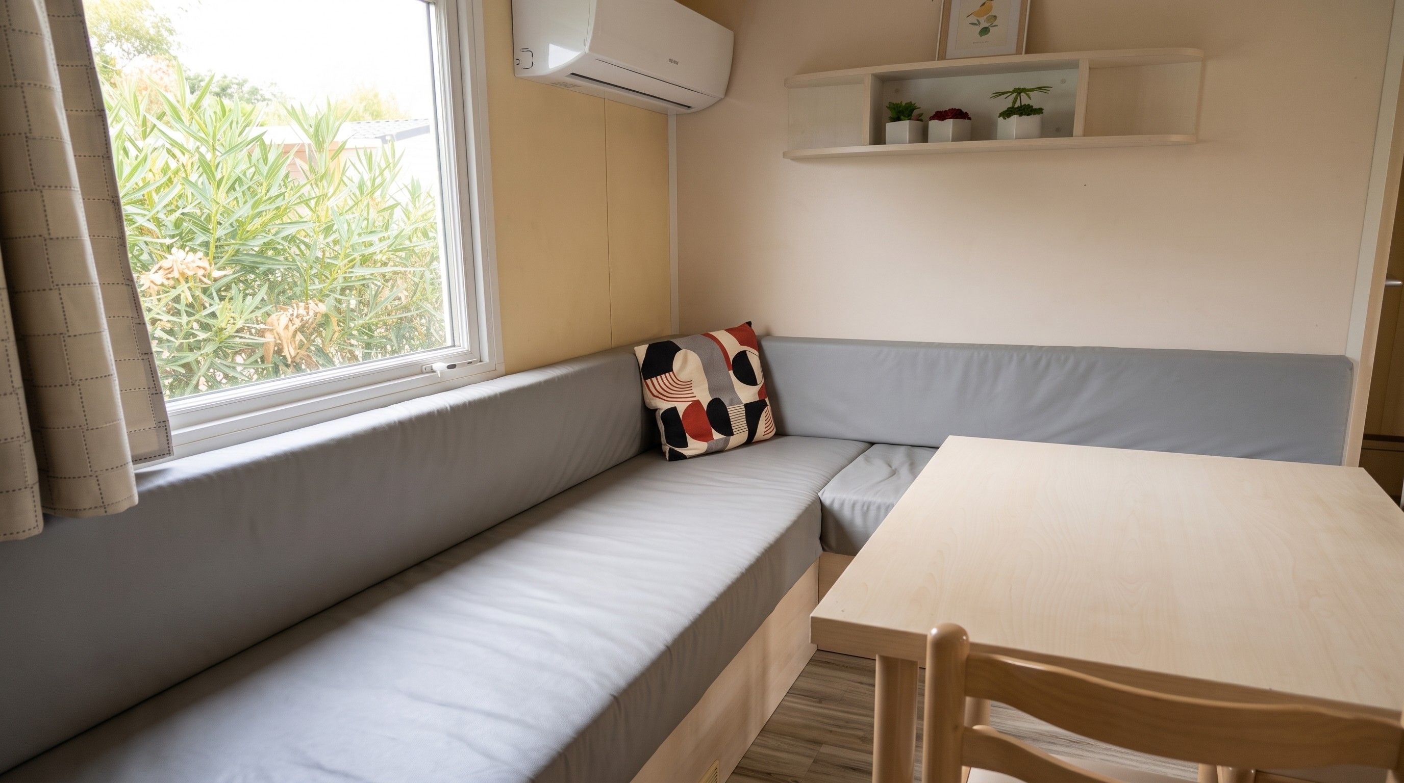 Una habitación con ventana, un sofá, una mesa y una estantería con plantas.