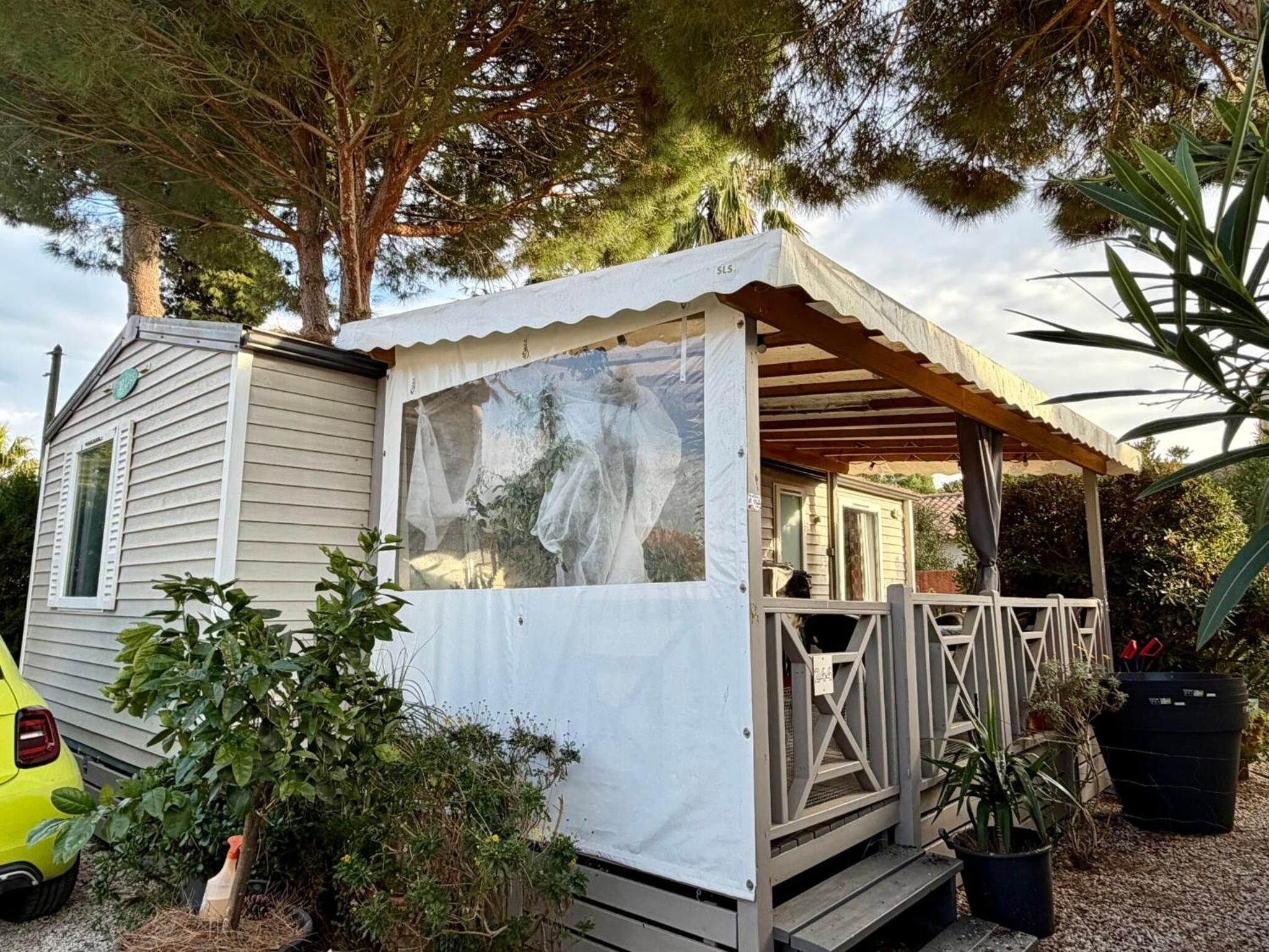 A mobile home with a covered porch, a car parked in front, and various plants around.