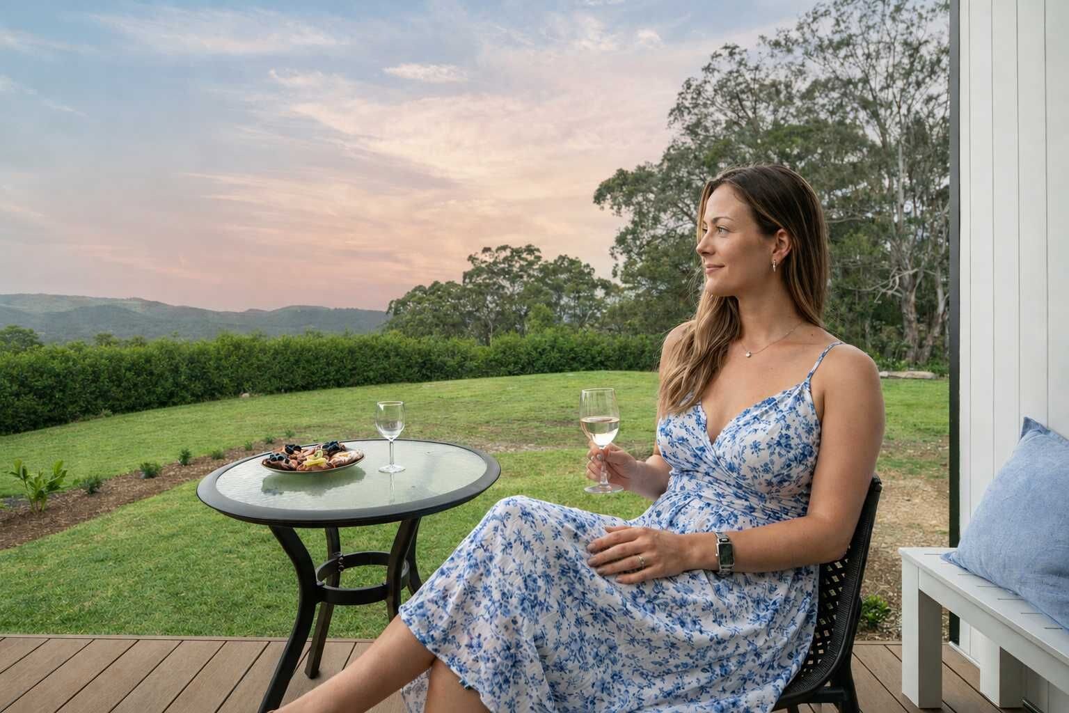 A person seated at an outdoor table with a glass of white wine, a plate of food, and a view of a grassy area with trees and hills in the background.