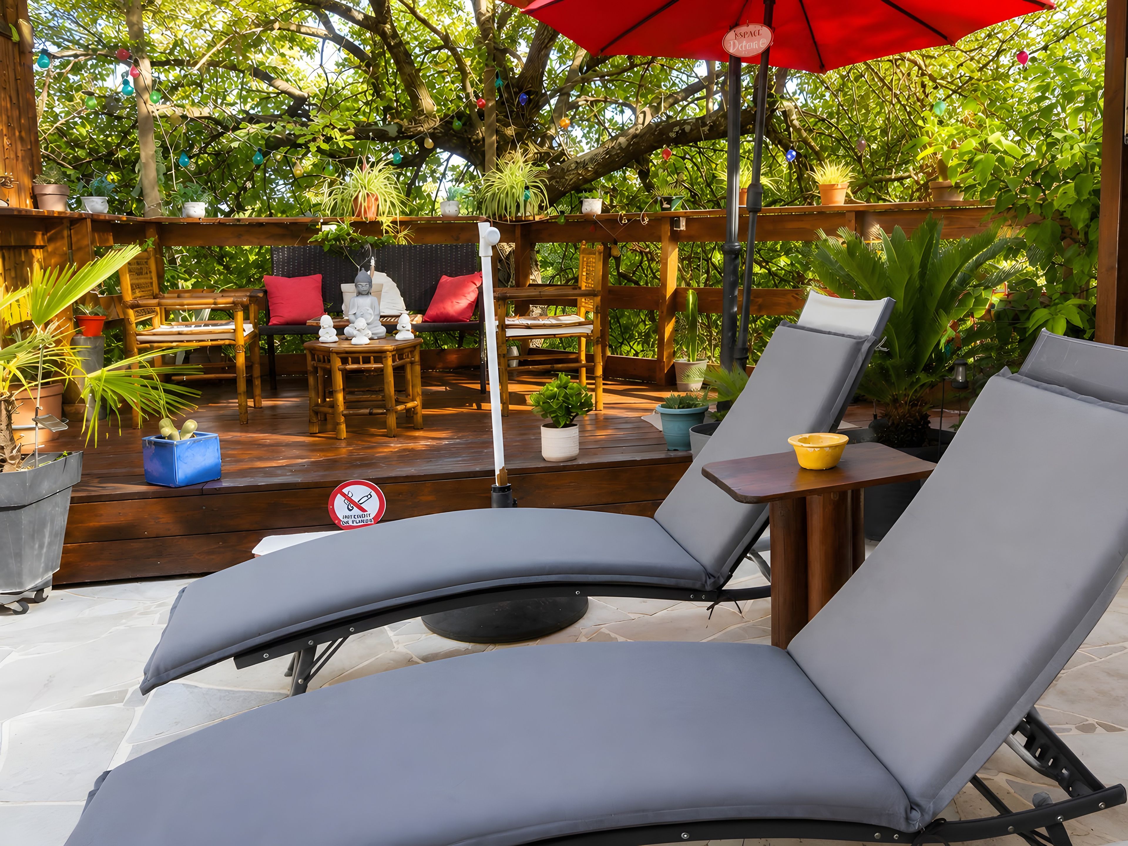 A patio area with lounge chairs, a table, and potted plants.
