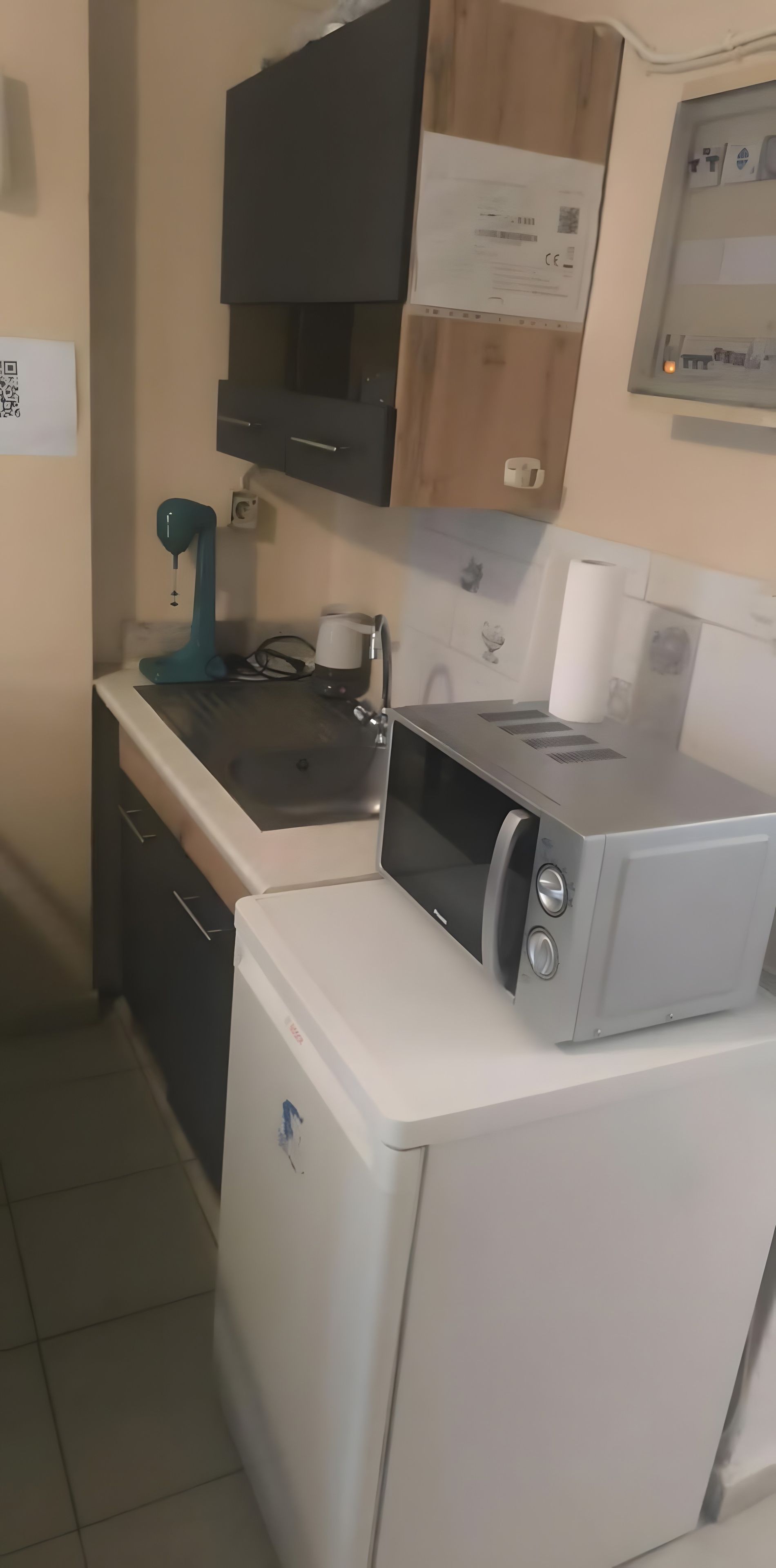 Une cuisine compacte équipée d’un four à micro-ondes, d’une machine à café et d’un lave-linge.