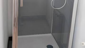 Une cabine de douche fermée par des parois en verre, dotée d’une porte, d’un porte-serviettes et d’un pommeau de douche.