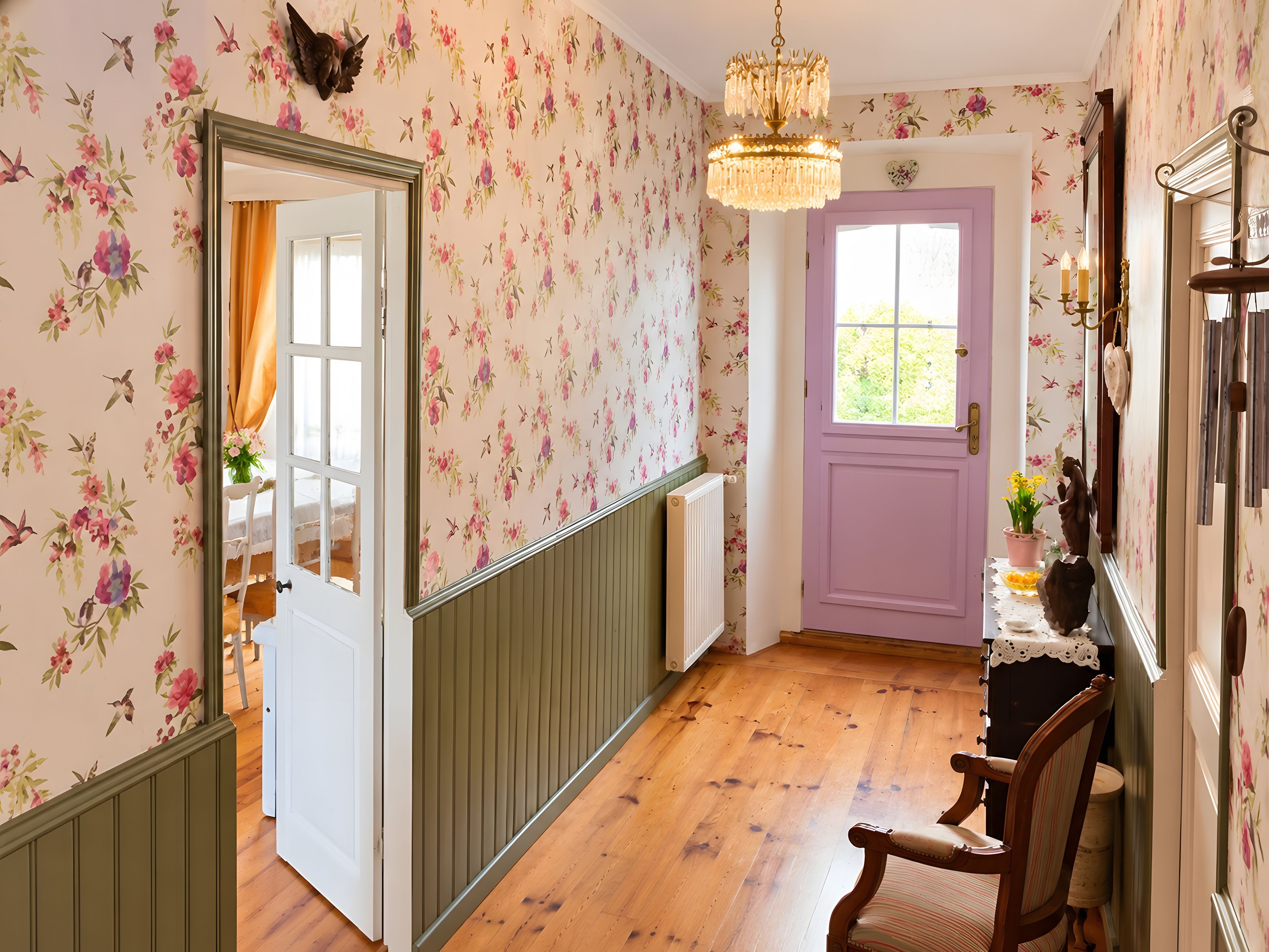 Un couloir avec un papier peint à motifs floraux, un plancher en bois, une porte violette et un lustre.