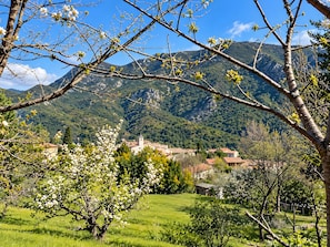 A rural landscape with a village, green fields, and mountains in the background.
