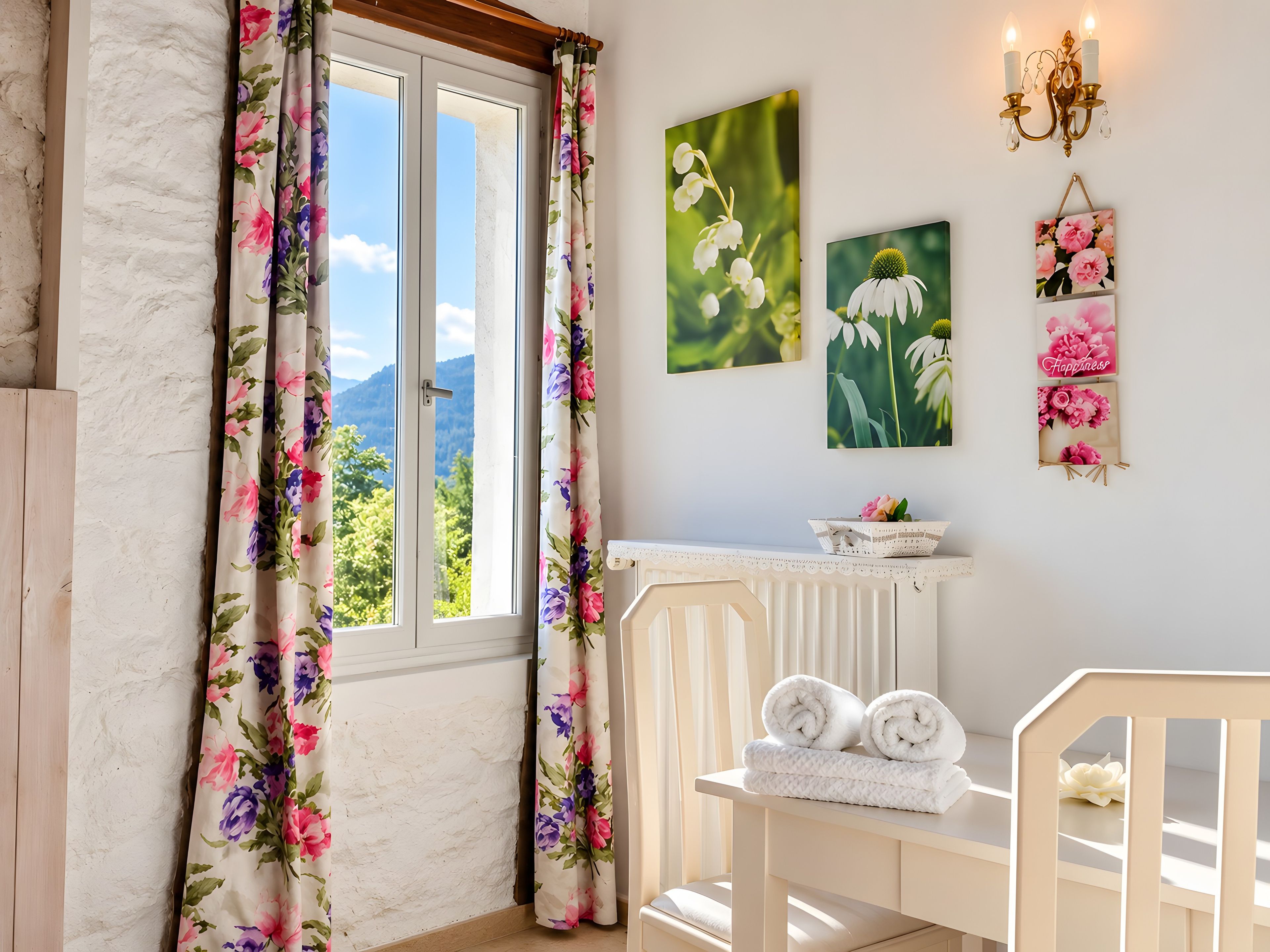 A room with a window, floral curtains, a white radiator, a white chair, and a wall with framed floral artwork.