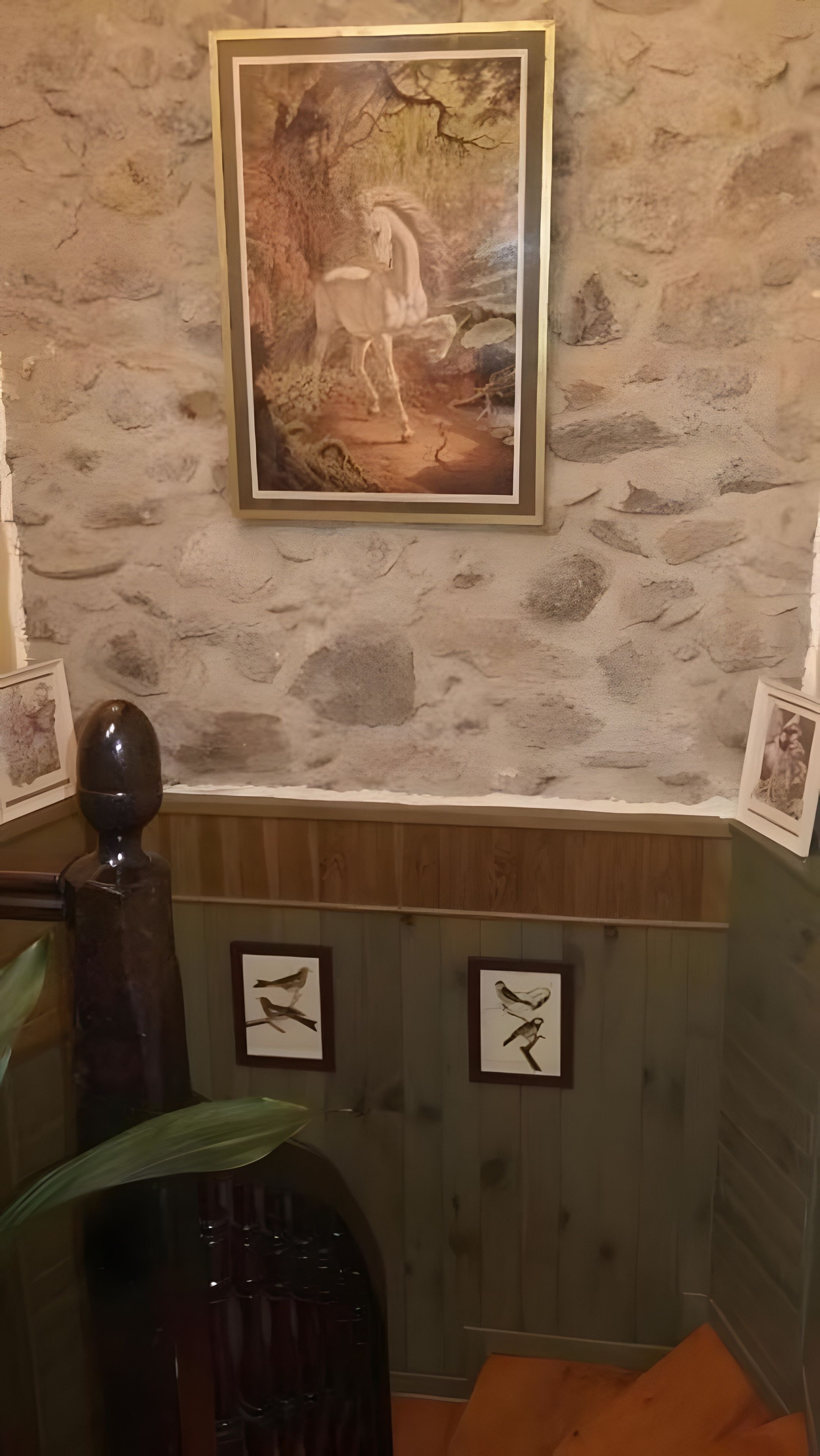 Een kamer met een stenen muur, een schilderij van een paard in een lijst, en twee afbeeldingen van vogels met een lijst.