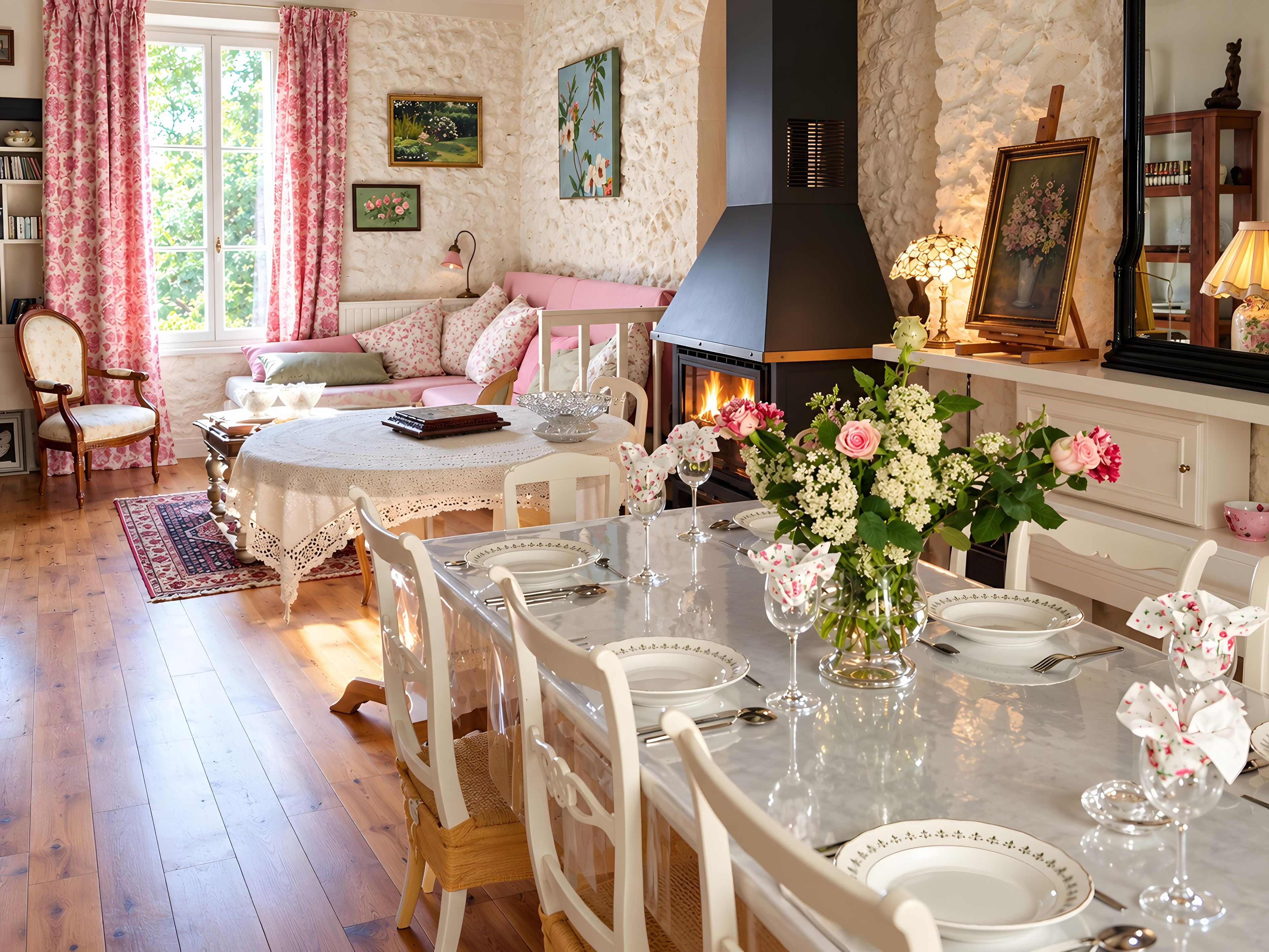 Un coin repas chaleureux avec une cheminée, des décorations florales et des sièges confortables.