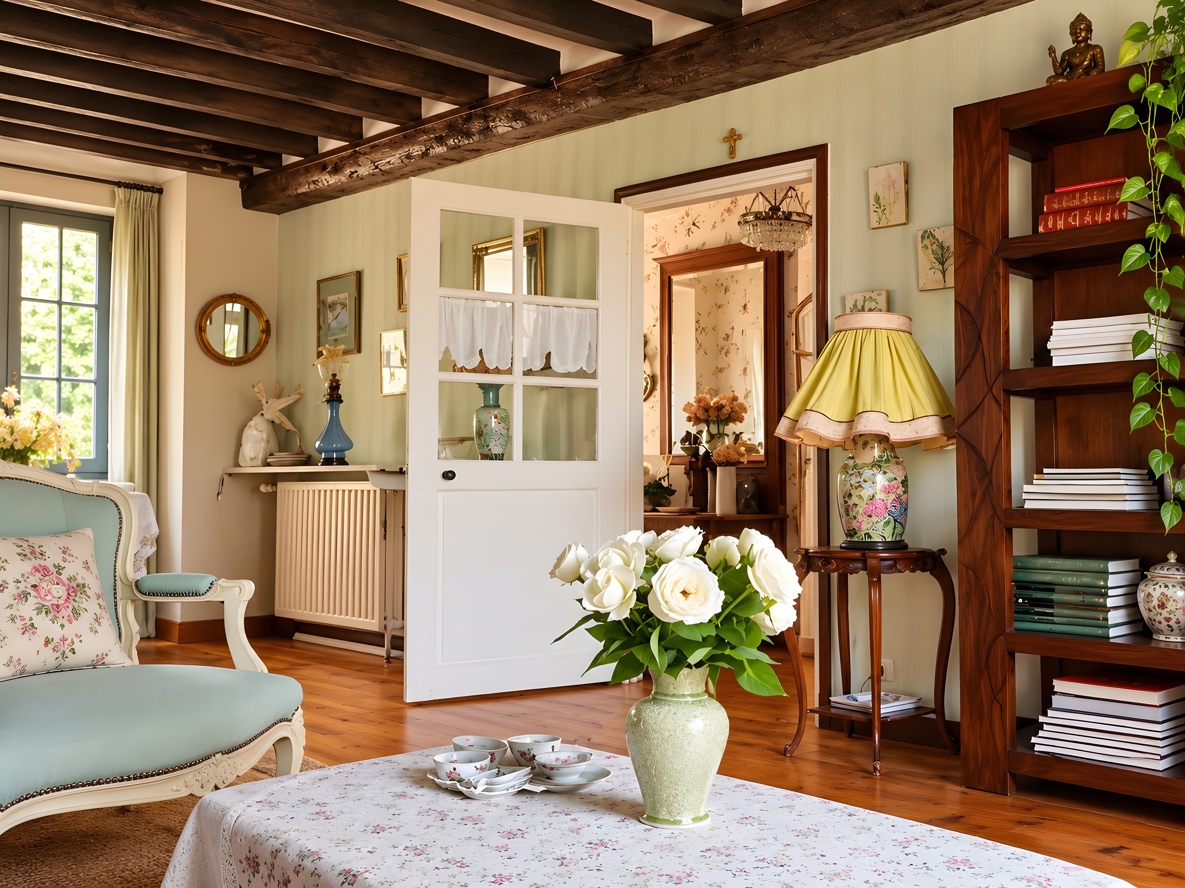 Une pièce comprenant un canapé vintage, une bibliothèque en bois, une table recouverte d’une nappe à motifs floraux et un vase rempli de fleurs blanches.