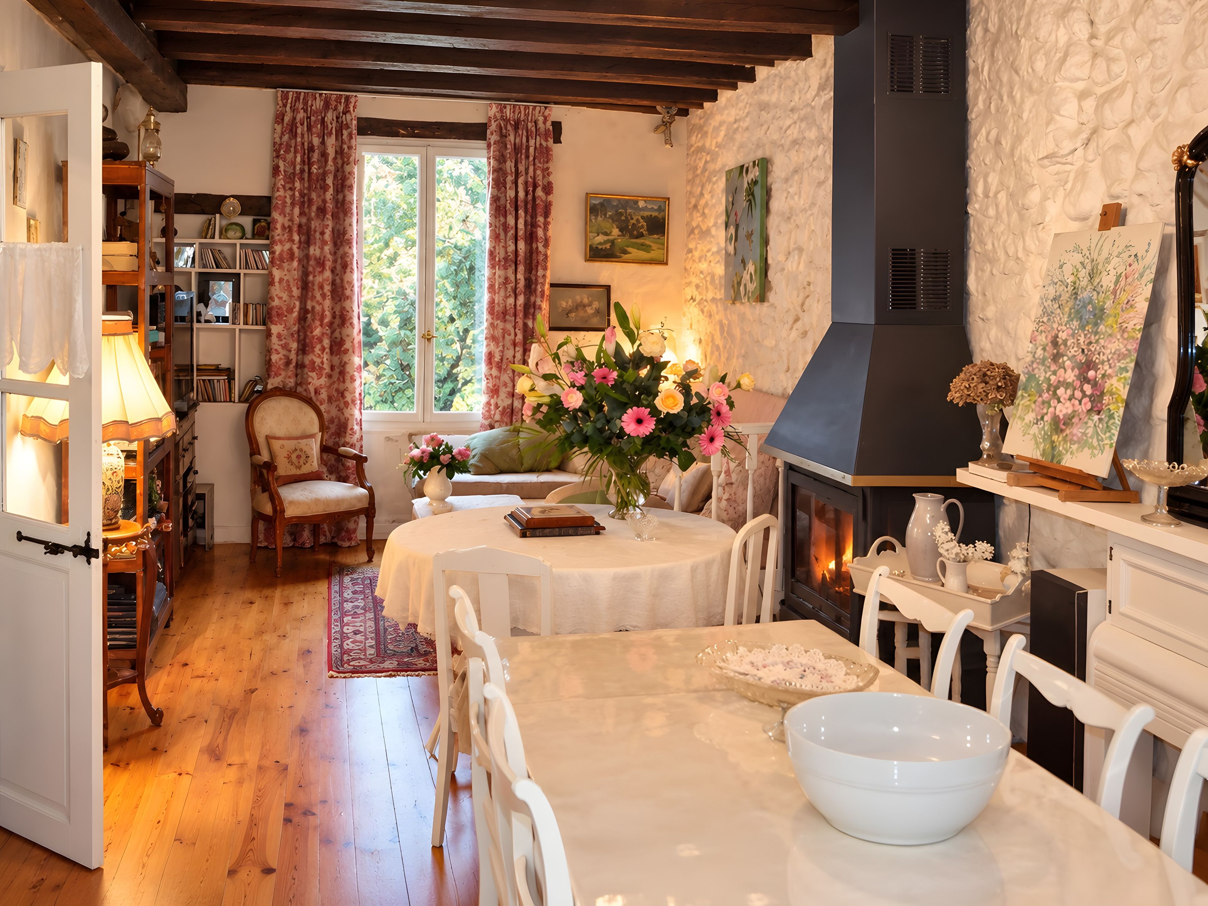 Una habitación acogedora con chimenea, una mesa de comedor y una estantería.