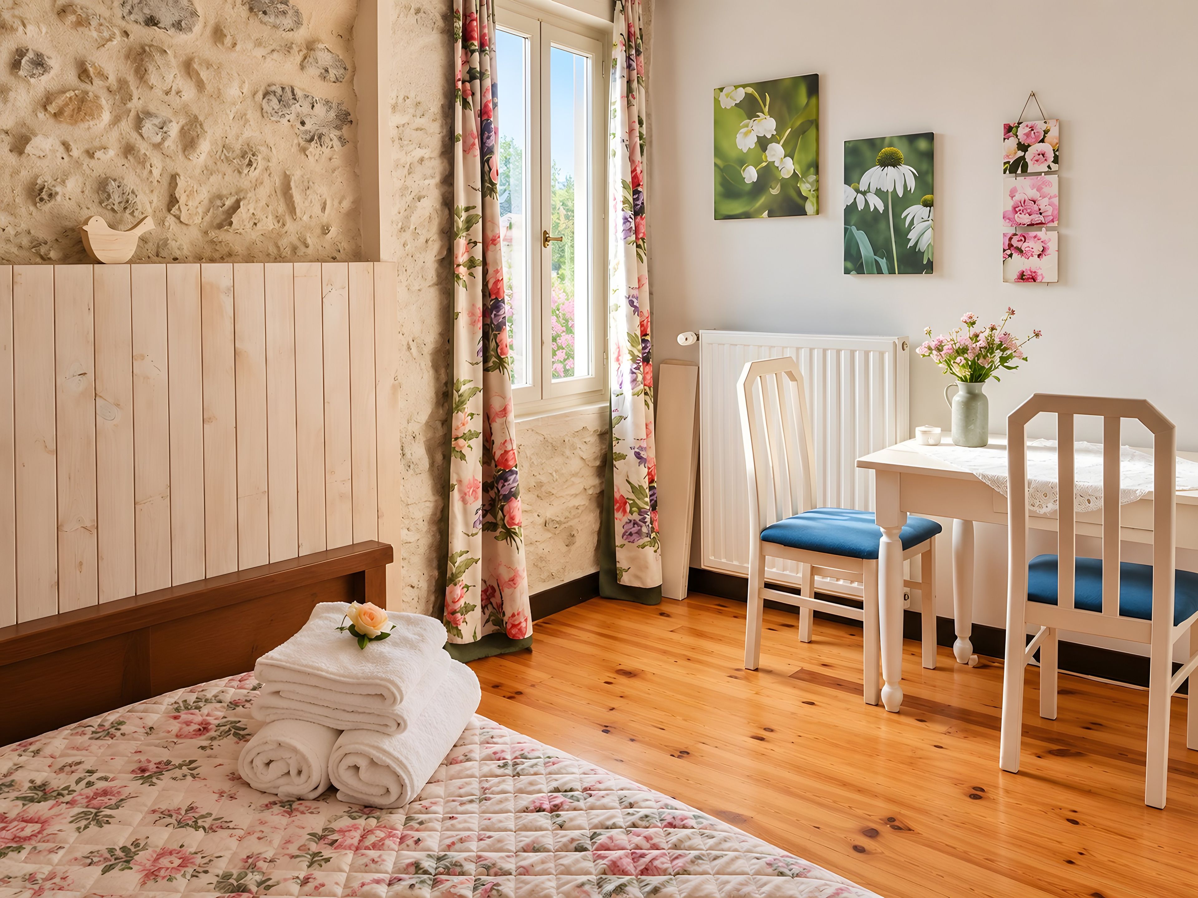 Un dormitorio con cama de madera, un escritorio con silla y un cuadro floral en la pared.