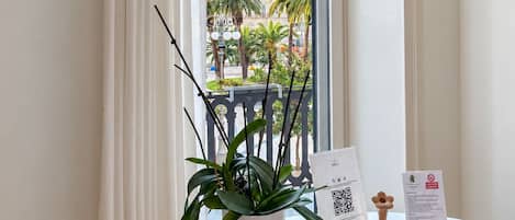A room with a view of buildings and palm trees through a window, a potted plant, a bowl of red items, and various printed materials on the table.