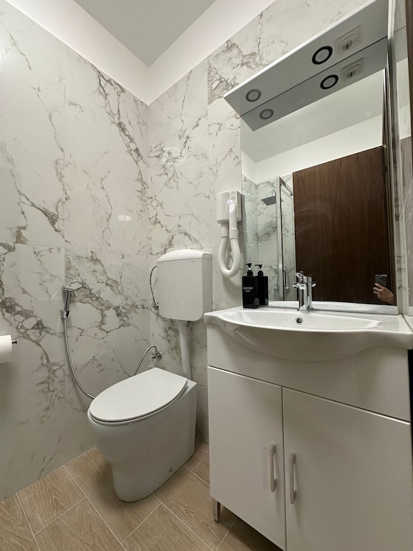 A bathroom with a toilet, a shower, a sink, and a mirror. - New Listing (Venezia)