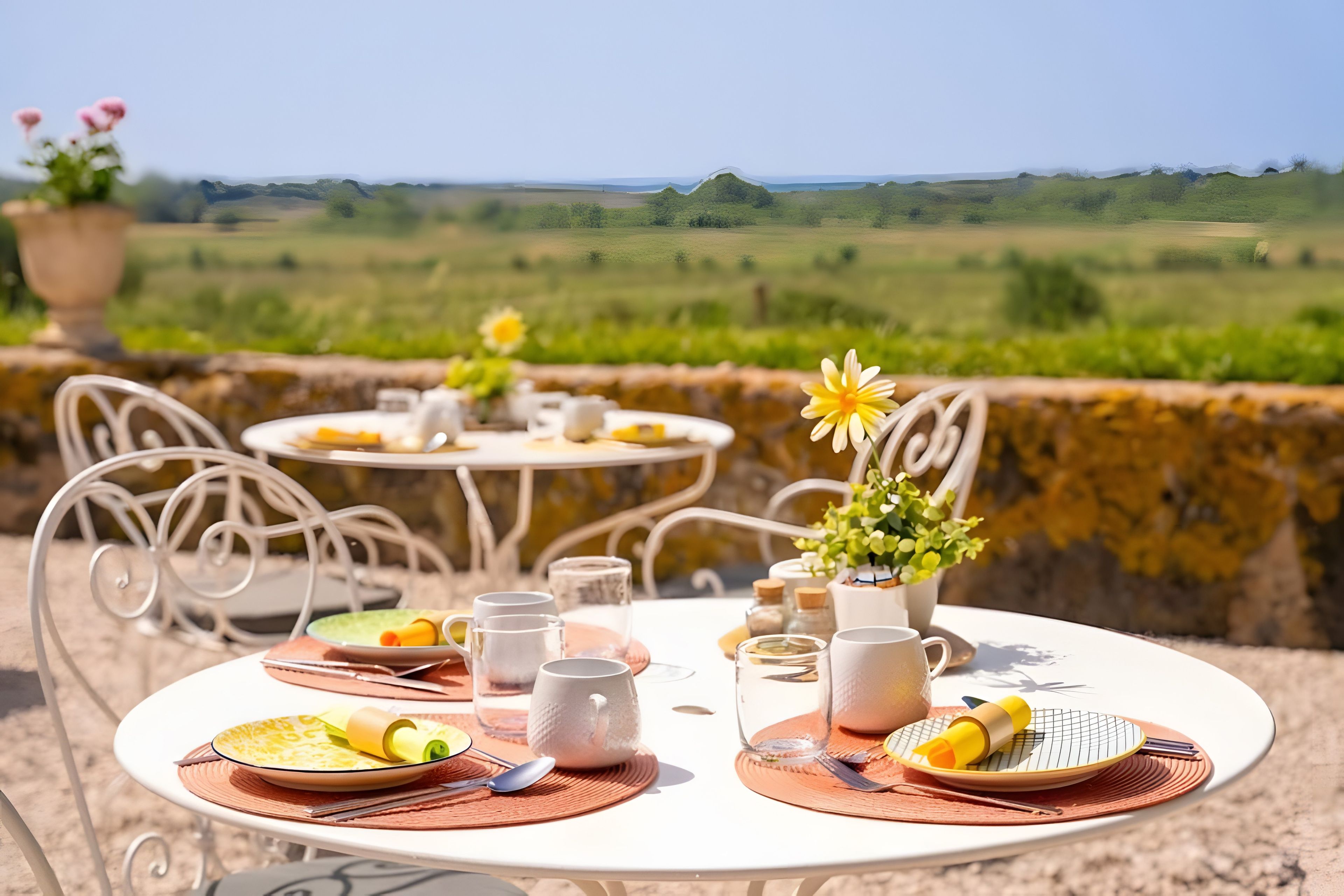 An outdoor dining area with tables and chairs, plates with food, and a view of the countryside.