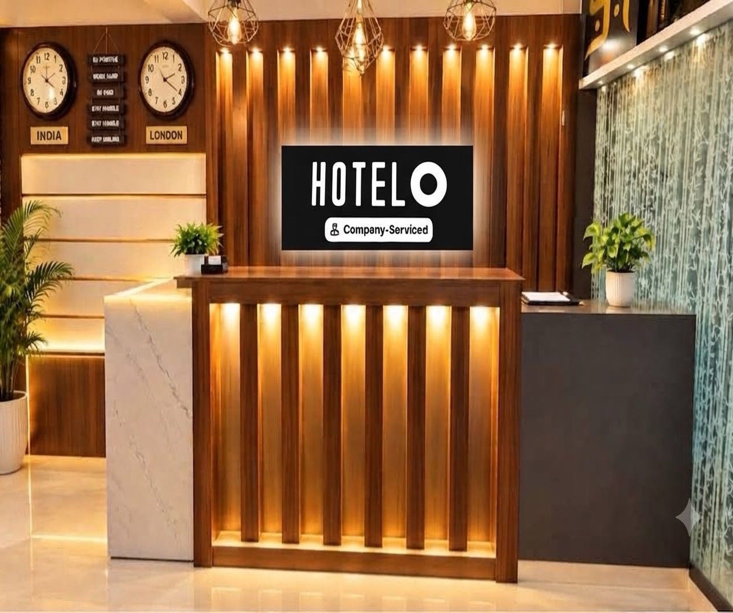 A hotel reception desk with a wooden finish and vertical lighting.