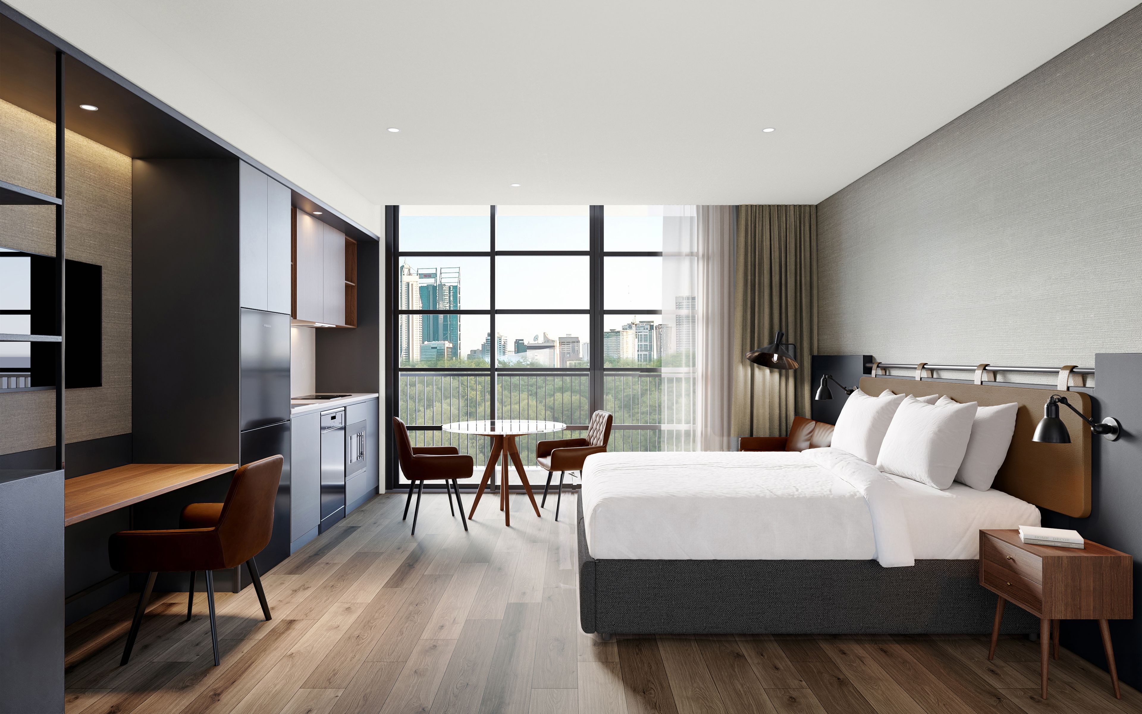 A modern hotel room with a large bed, a desk, and a dining area.