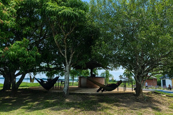A park with hammocks, a bench, and a view of the water.