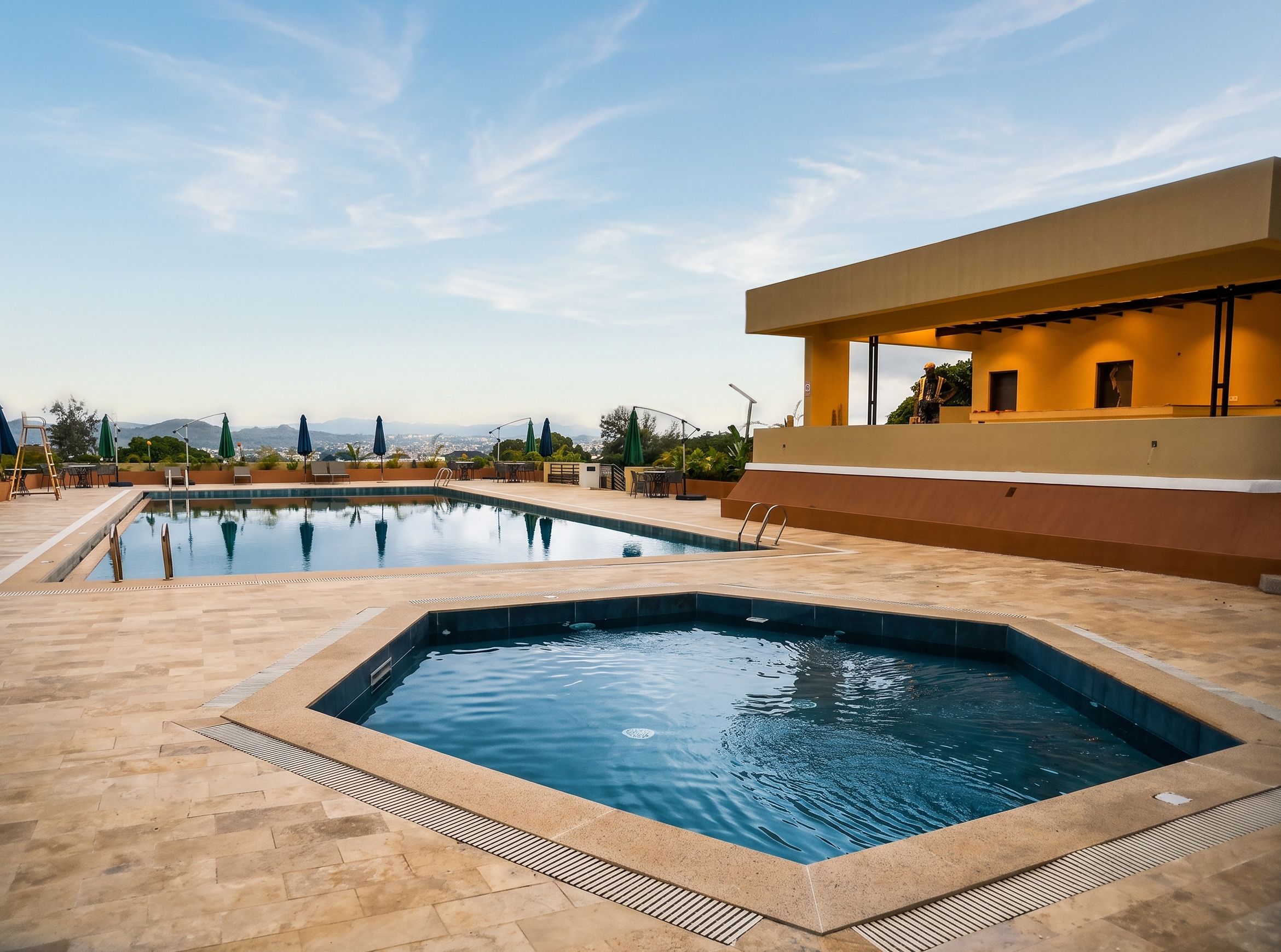 A swimming pool area with a modern building, outdoor seating, and a view of distant mountains.