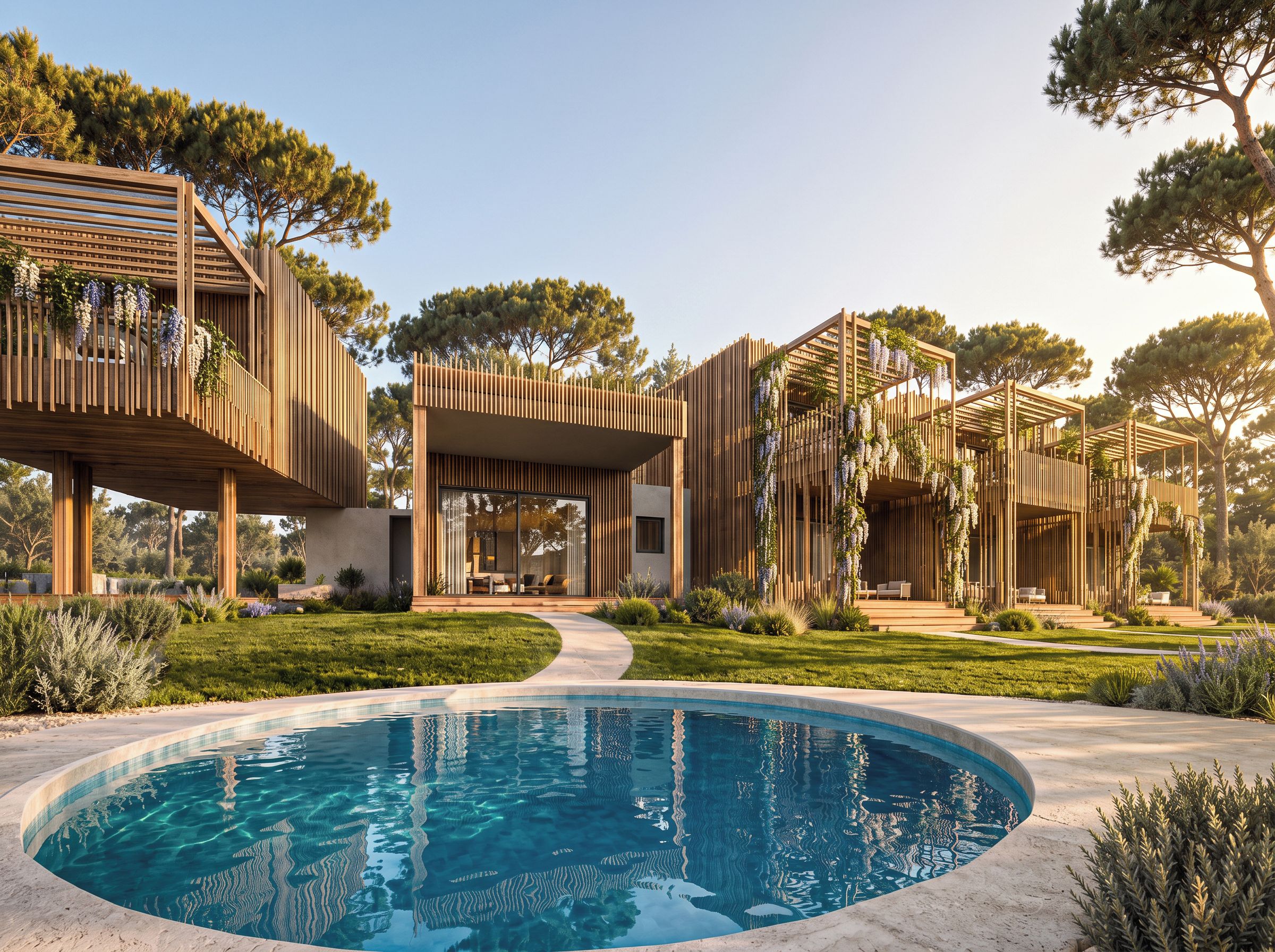 A modern outdoor pool area with a circular pool, wooden pergolas, and surrounding greenery.