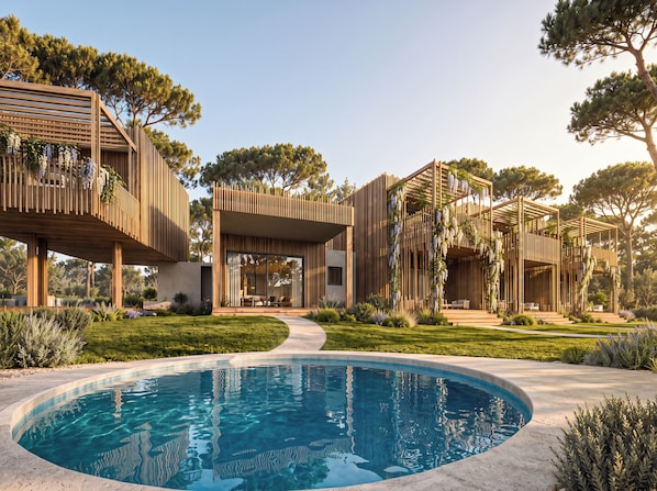 A modern outdoor pool area with a circular pool, wooden pergolas, and surrounding greenery.