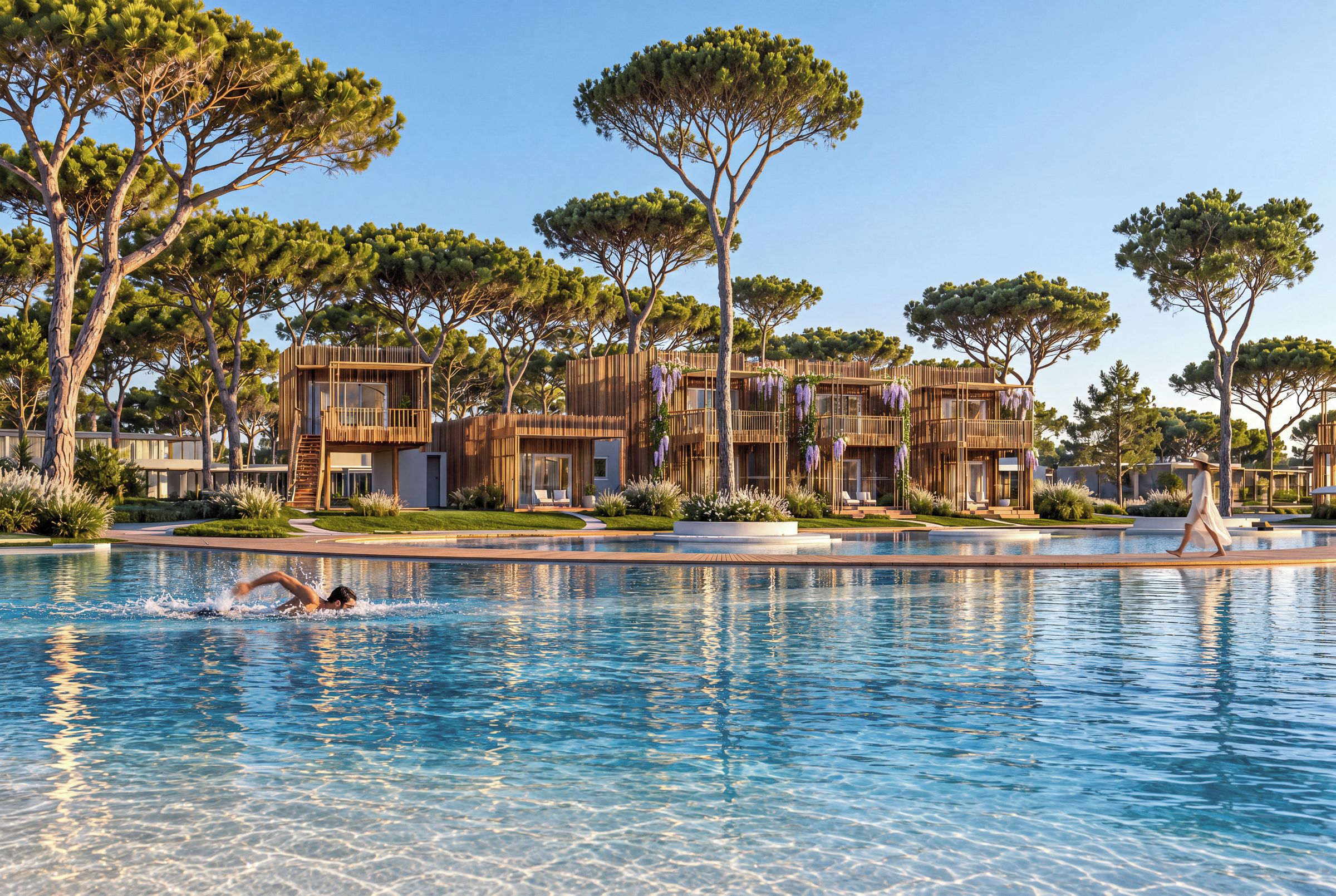 A poolside view of a resort with multiple wooden structures, a clear blue pool, and surrounding trees.