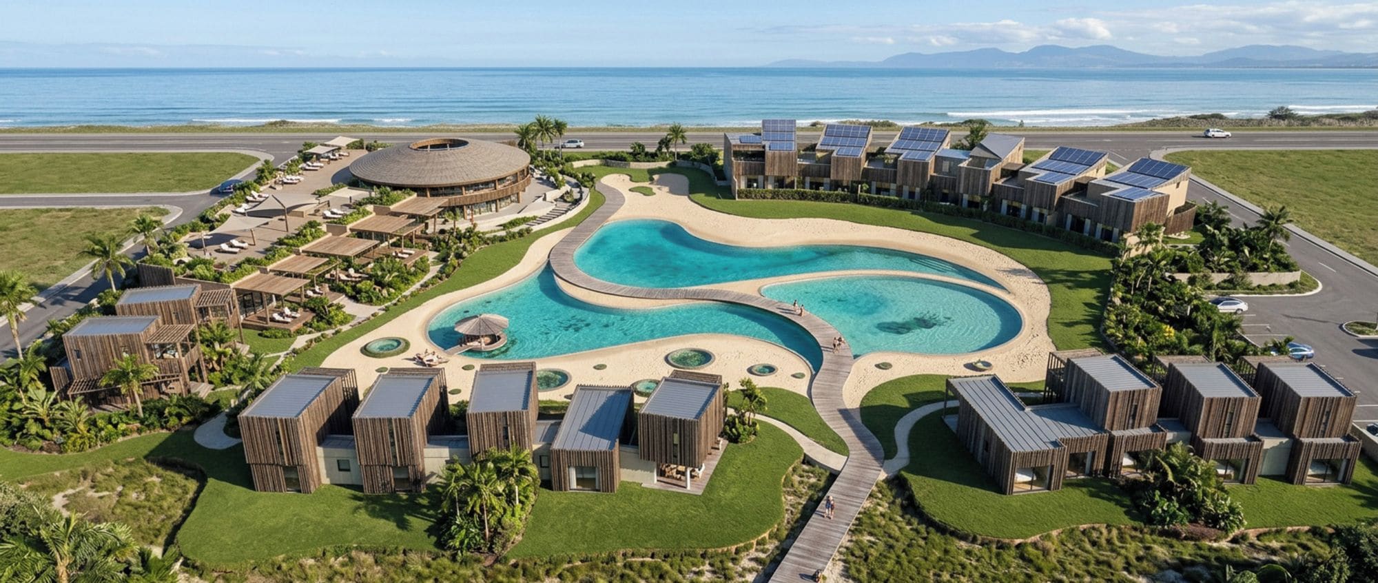 A resort with a central pool, connected by walkways, surrounded by wooden buildings, and overlooking the ocean.