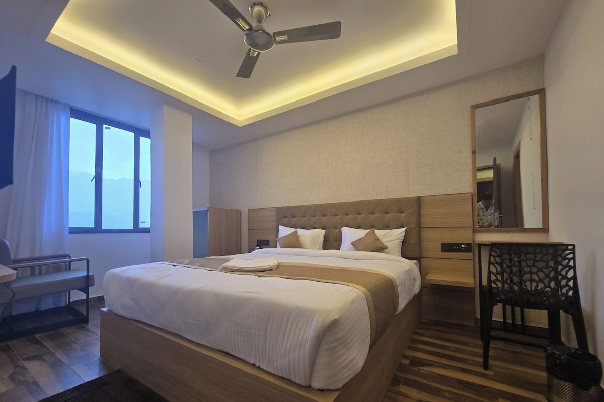 A hotel room with a bed, a desk, a chair, a ceiling fan, and a large window.