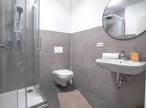 Ein modernes Badezimmer mit einer Duschkabine, einer Toilette und einem Waschbecken mit Spiegel darüber.