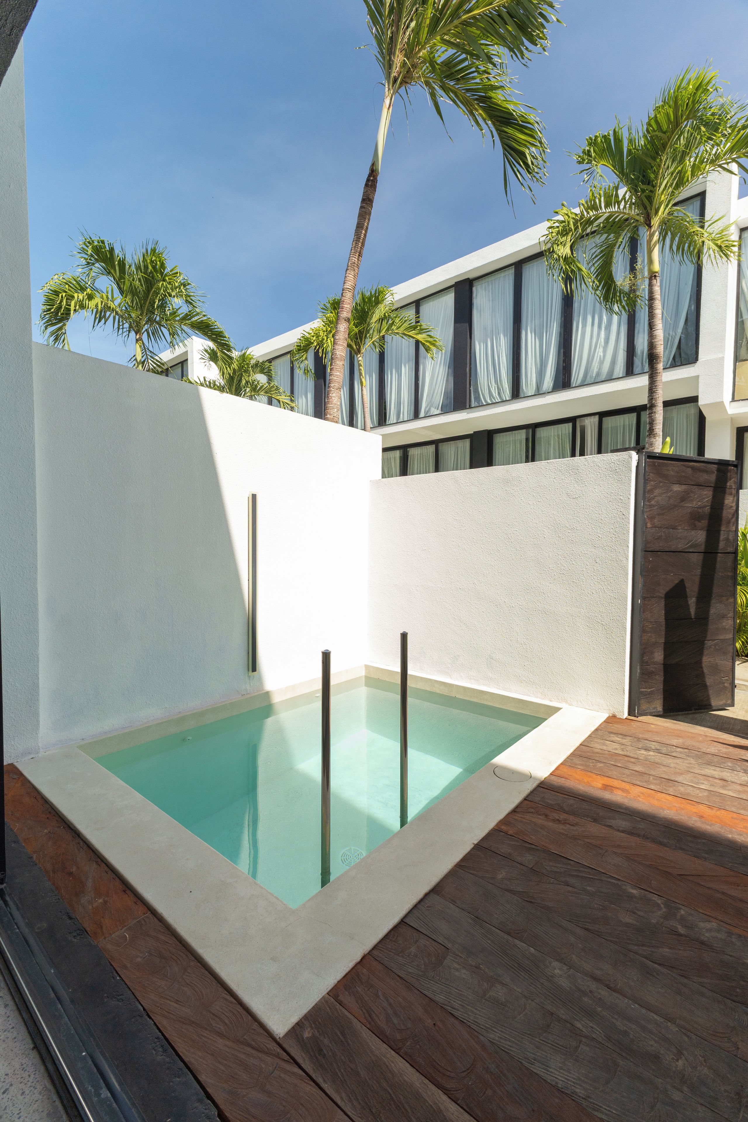 A modern pool with clear water, surrounded by wooden decking and palm trees.