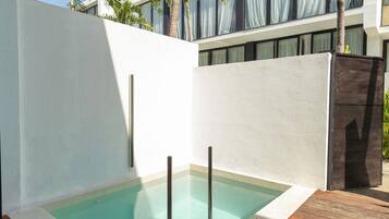 A modern pool with clear water, surrounded by wooden decking and palm trees.