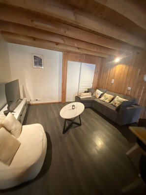 Un salon confortable avec un canapé, une table basse et un téléviseur.