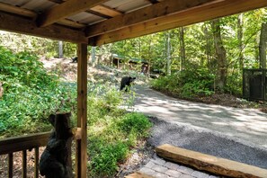 A wooden deck with a view of a forested area and a road. - Bearly Behavin - Smart Cabin, Hot Tub & Fire Pit (Sevierville)