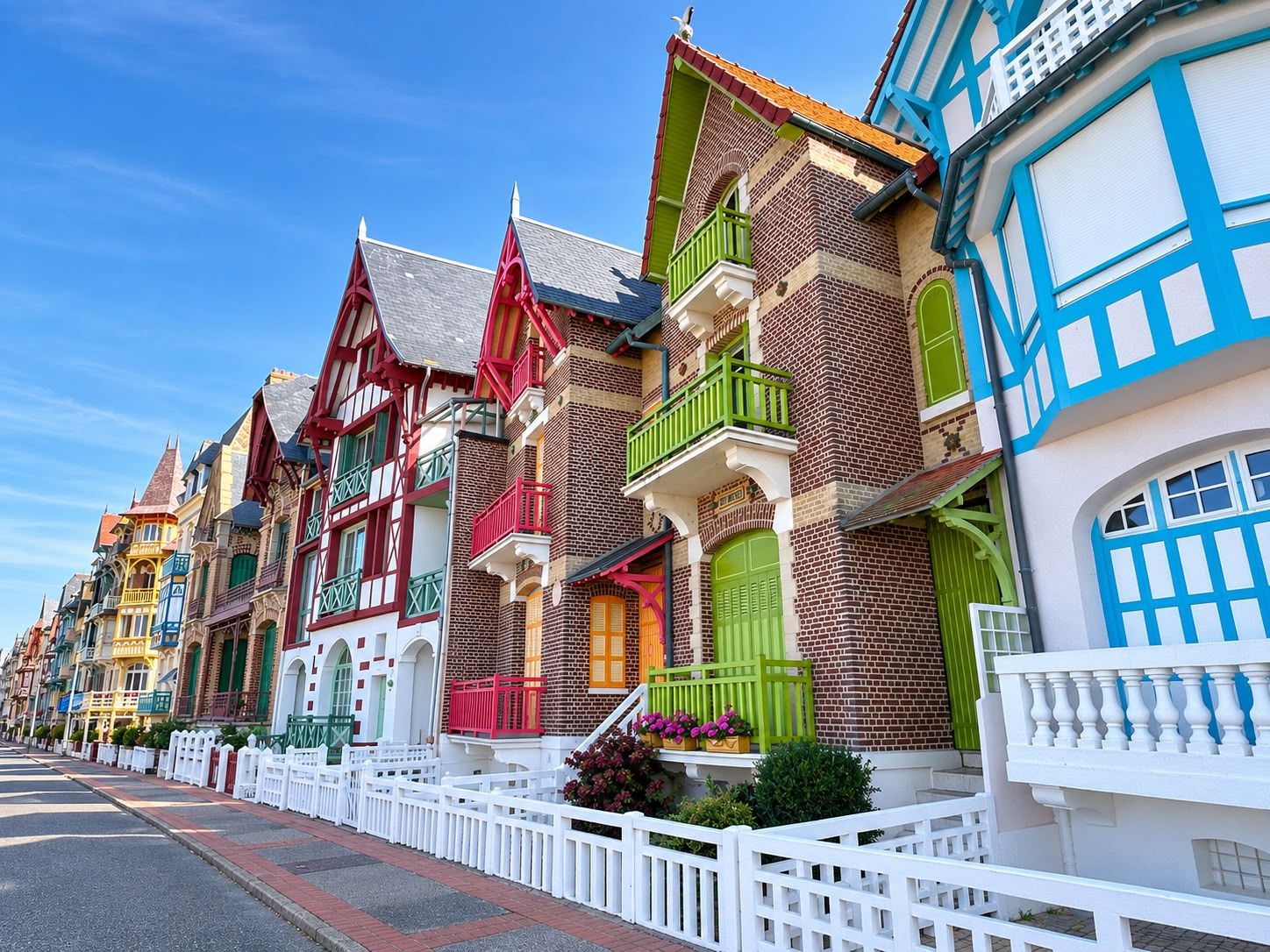 A row of colorful buildings with distinct architectural styles, including gabled roofs and decorative balconies.