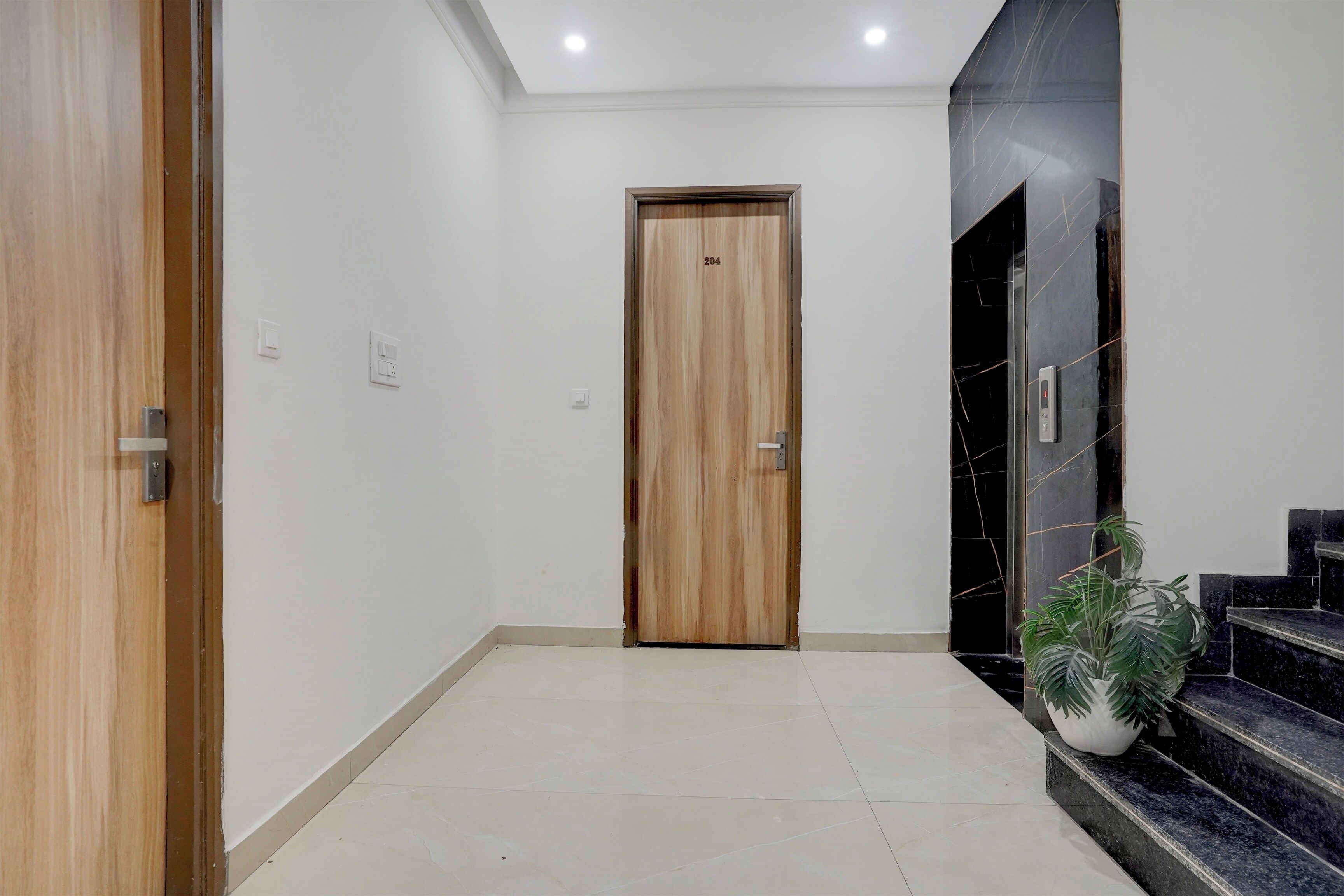 Un pasillo con una puerta de madera, una planta en maceta y una escalera con baldosas negras.