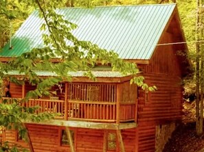 Eine Holzhütte mit Metalldach, umgeben von Bäumen.