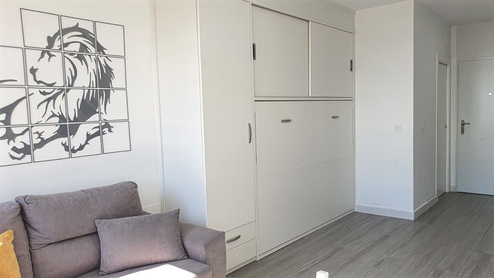 Una habitación con un sofá gris, un armario blanco con varias puertas y una pared con un mural de un león.