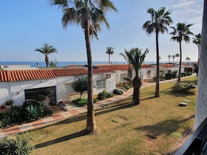 Un barrio residencial con casas, palmeras y vista al mar.