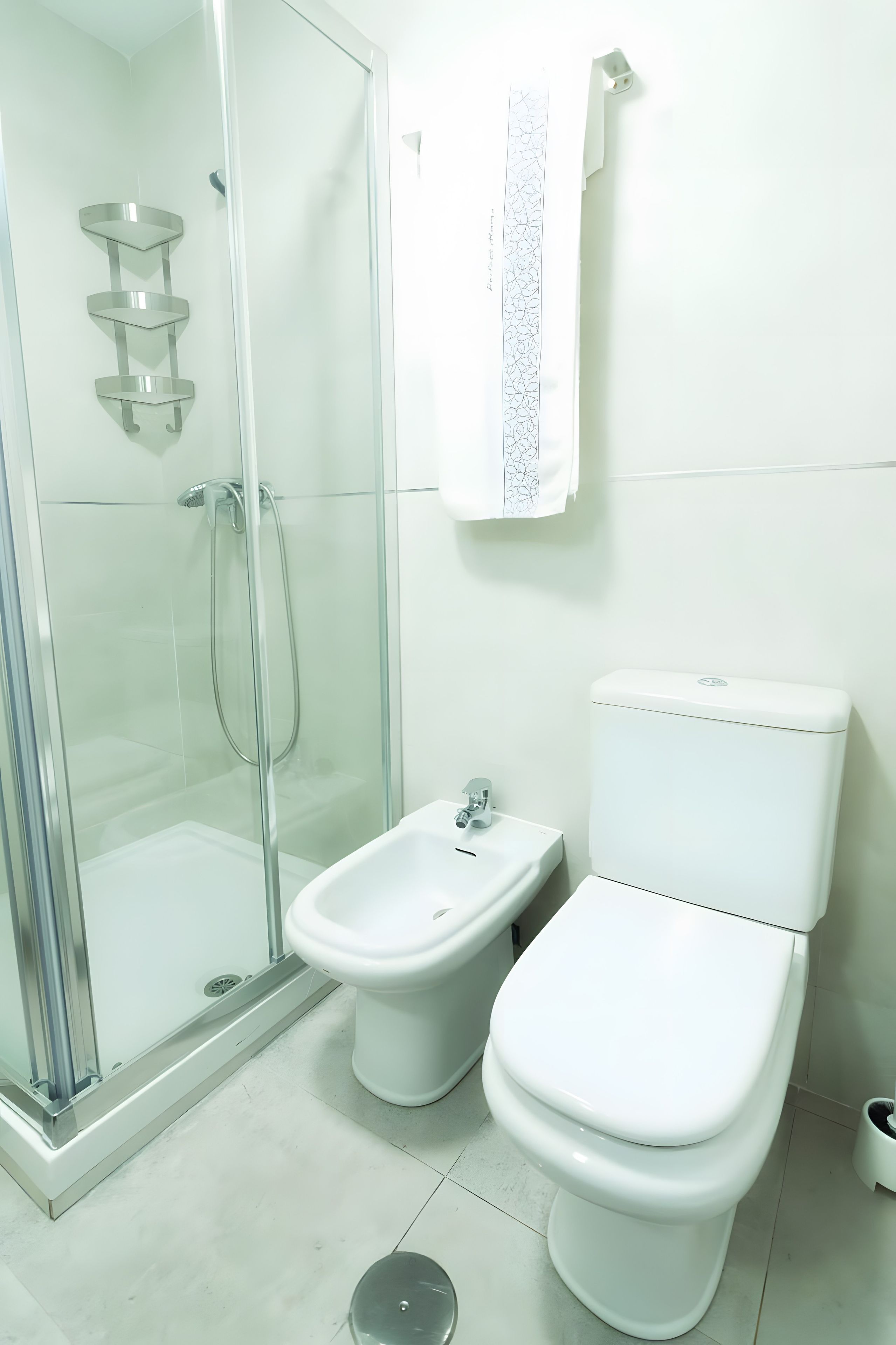 Un baño moderno con ducha envuelta en vidrio, un bidé y un inodoro.