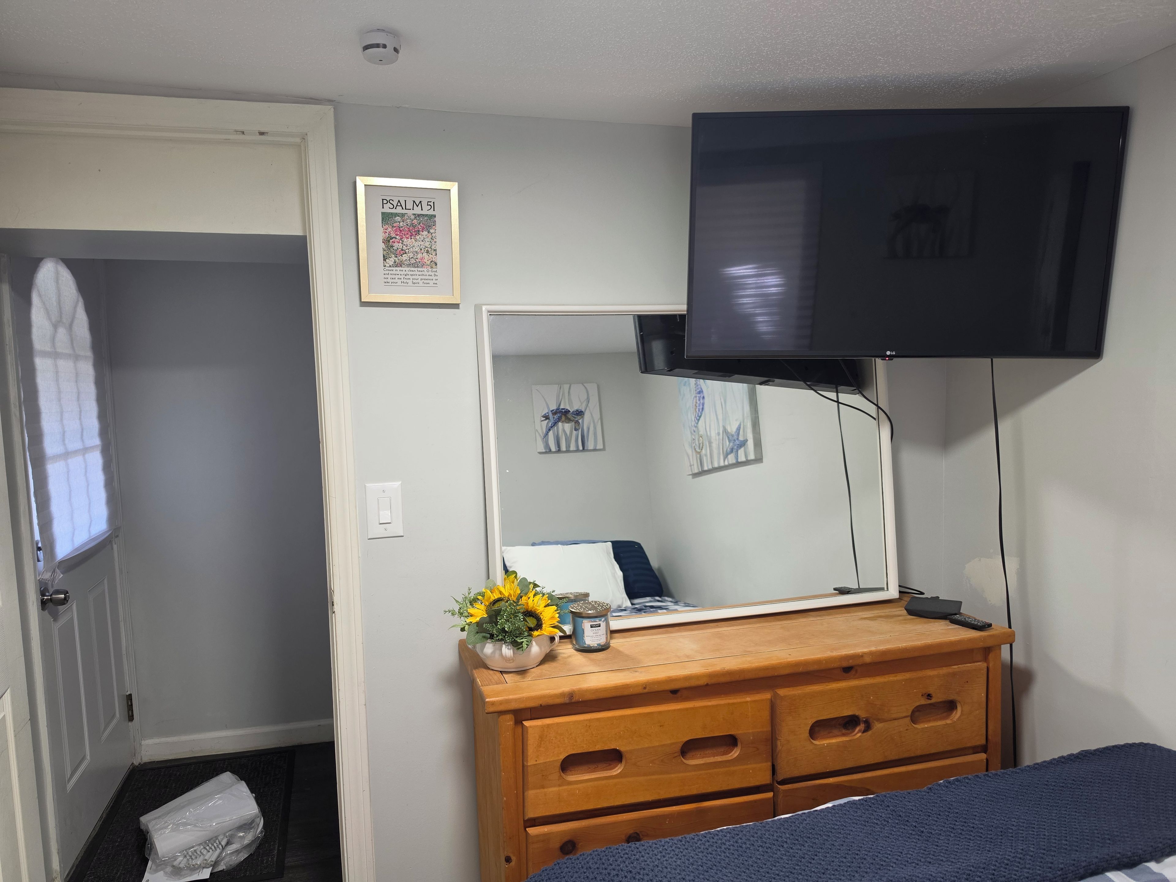 A bedroom with a wooden dresser, a television mounted on the wall, a framed picture above the dresser, and a door with a window.