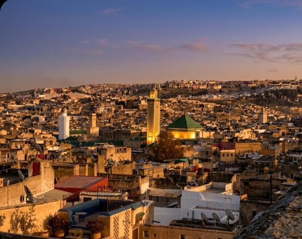 A cityscape with densely packed buildings, a prominent tower, and a mosque with a green dome.