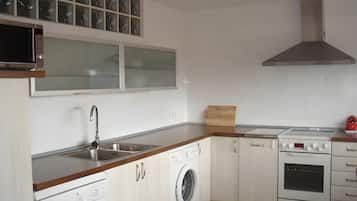 Una cocina moderna con lavavajillas integrado, pileta de acero inoxidable, microondas, estufa y un ventanal sobre la pileta.