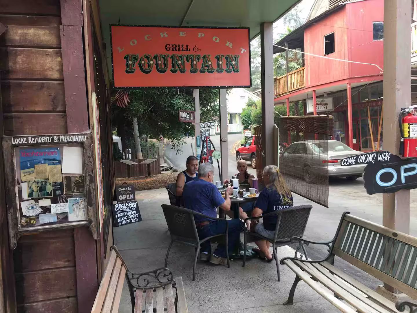 A restaurant named 'Lockeport Grill & Fountain' with outdoor seating.
