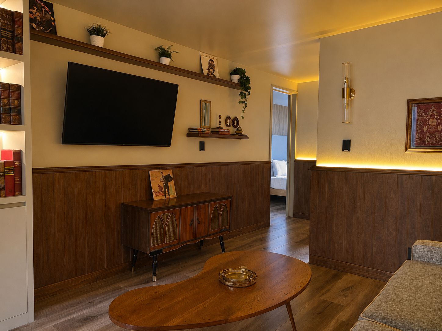 Una sala de estar con un televisor de pantalla plana, un mueble de madera y una mesa de centro redonda.