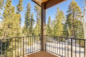 A wooden deck with a metal railing overlooking a snowy landscape with tall evergreen trees. - High Country Hideaway (Duck Creek Village)