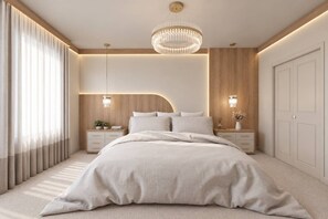 A modern bedroom with a large bed, bedside tables, a chandelier, and a wooden accent wall. - 10bd house with private pool and game room (Clermont)