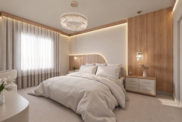 Quarto moderno com cama grande, mesas de cabeceira, luminária de cristal e uma parede de destaque em madeira.