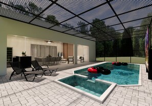 An indoor swimming pool with lounge chairs and a dining area. - 10bd house with private pool and game room (Clermont)